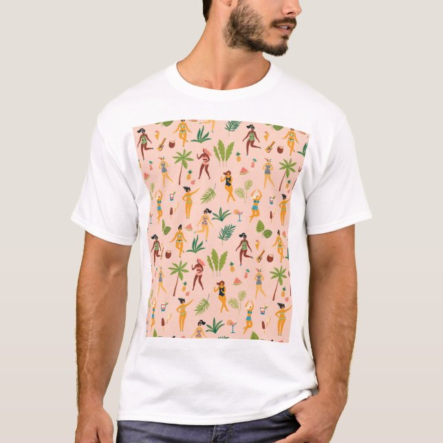 Dancing ladies, palm leaves pattern. T-Shirt (Front)