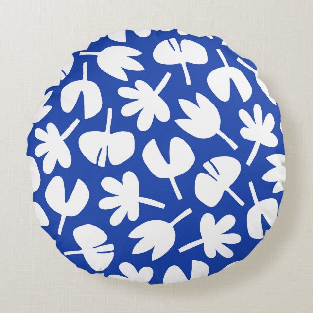Dancing Leaves Blue Pattern Round Pillow (Front)