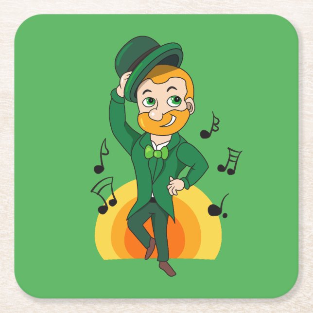 Dancing leprechaun, St. Patrick's Day cartoon  Square Paper Coaster (Front)