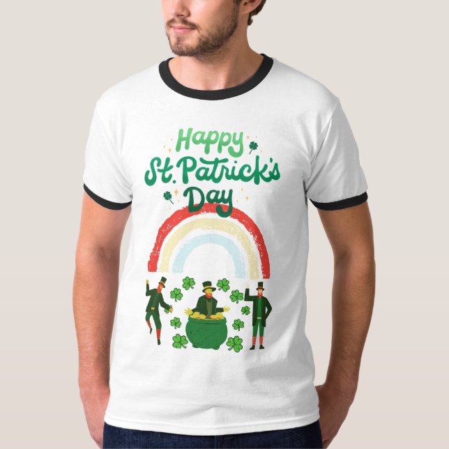 "Dancing Leprechauns & Rainbow – St. Patrick’s Day T-Shirt (Front)
