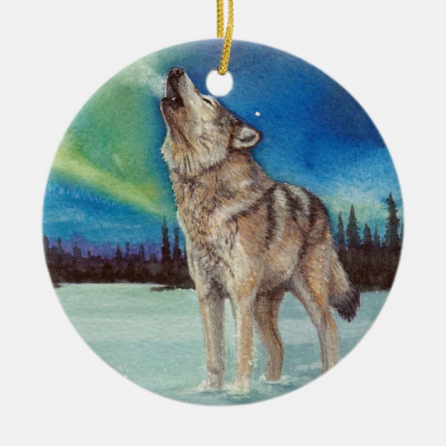 Dancing Lights howling wolf round ornament (Front)