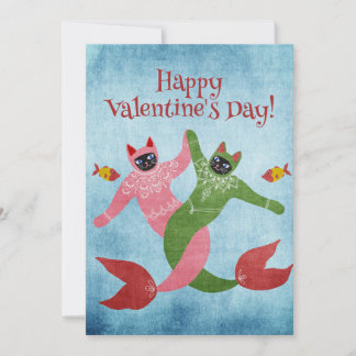 Dancing Mermaid cat Valentine's day Card