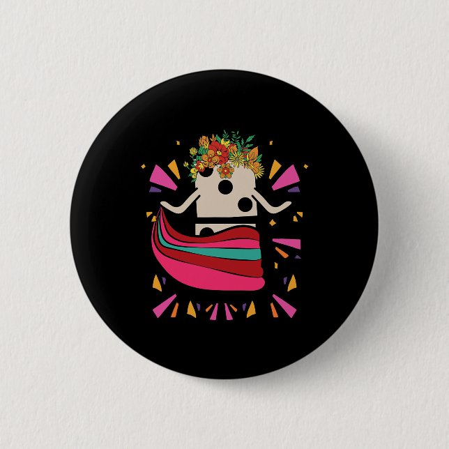 Dancing Mexican Train Domino Tile Flowers Funny Ga Button (Front)
