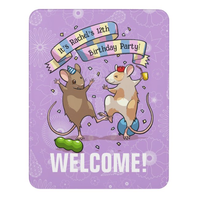Dancing Mice Name & Age Birthday Party Welcome Door Sign (Contemporary Vert)