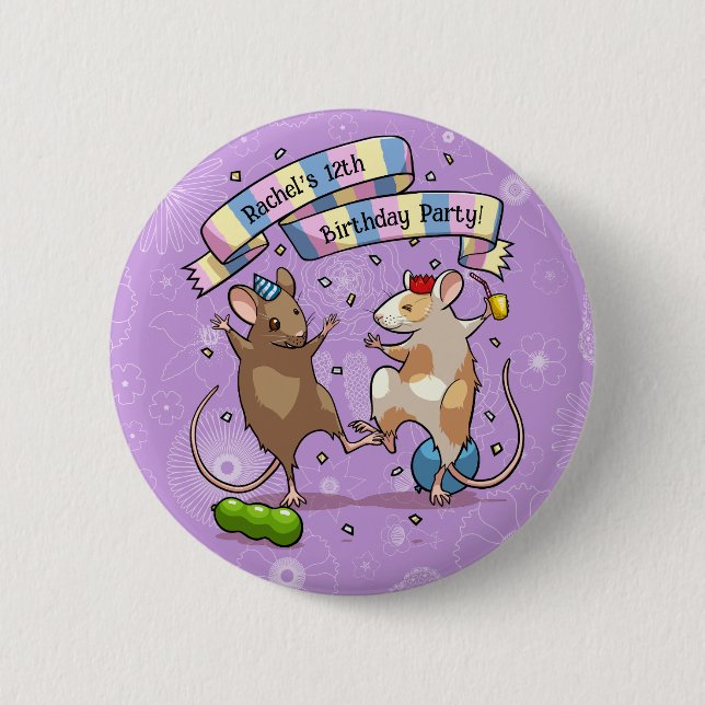 Dancing Mice Name & Age Happy Birthday Party Button (Front)
