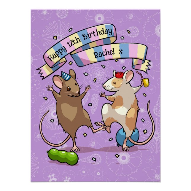 Dancing Mice Name & Age Happy Birthday Party Poster (Front)
