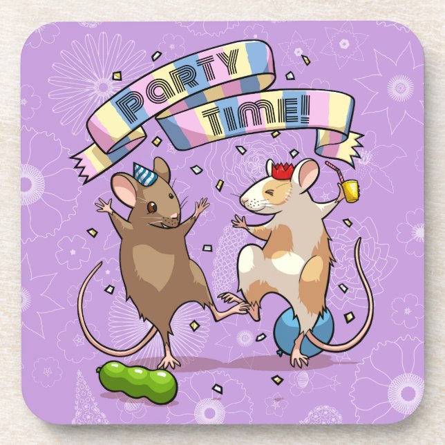Dancing Mice Party Time Banner Confetti & Balloons Beverage Coaster (Front)