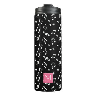 Dancing Music Notes Pattern and Pink Monogram Thermal Tumbler