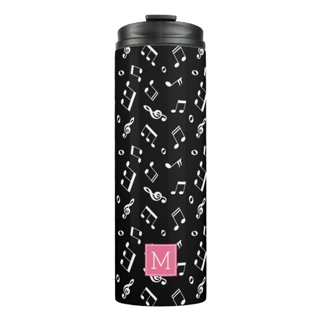 Dancing Music Notes Pattern and Pink Monogram Thermal Tumbler (Front)