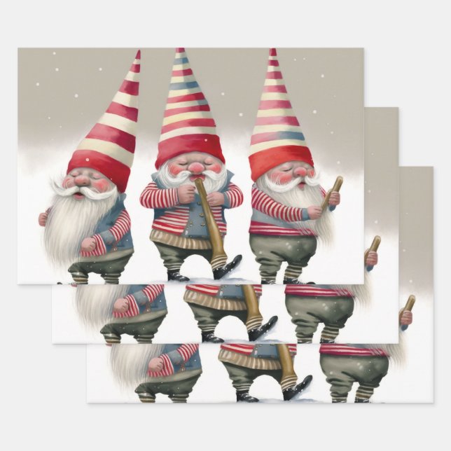 Dancing Musical Christmas Gnomes Wrapping Paper Sheets (Set)