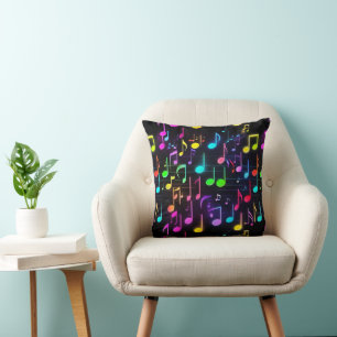 Dancing Neon Music Notes On Black Throw Pillow