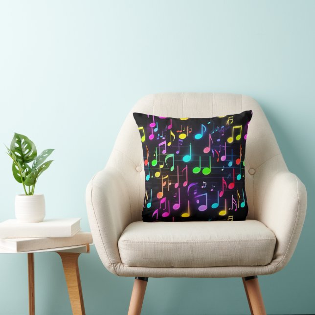 Dancing Neon Music Notes On Black Throw Pillow (Chair)