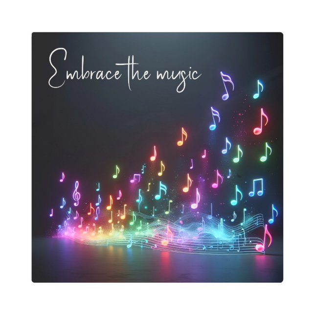 Dancing Neon Musical Notes with Quote Metal Print (Front)