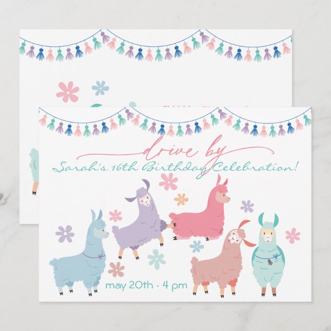 Dancing No Drama Llamas Drive By Birthday Party Invitation (Front/Back)