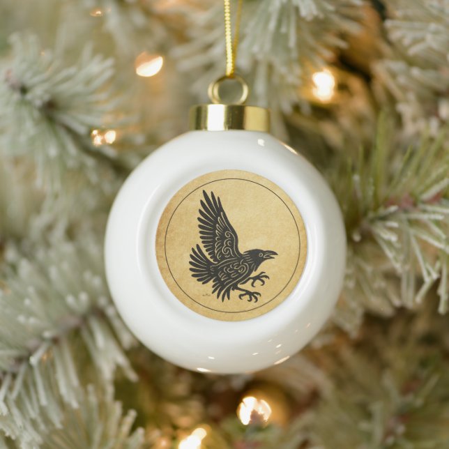 Dancing Norse Raven Ceramic Ball Christmas Ornament (Tree)