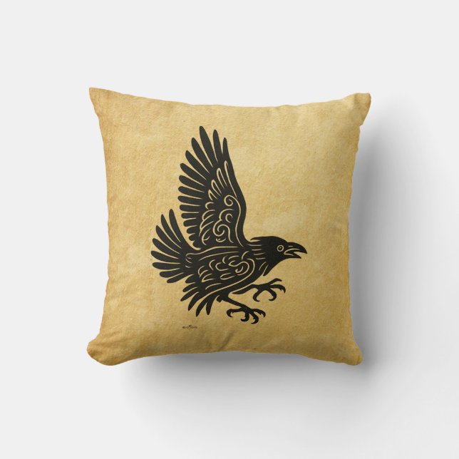 Dancing Norse Raven Throw Pillow (Front)