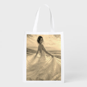 Dancing On the Beach Black+White Reusable Wedding Grocery Bag