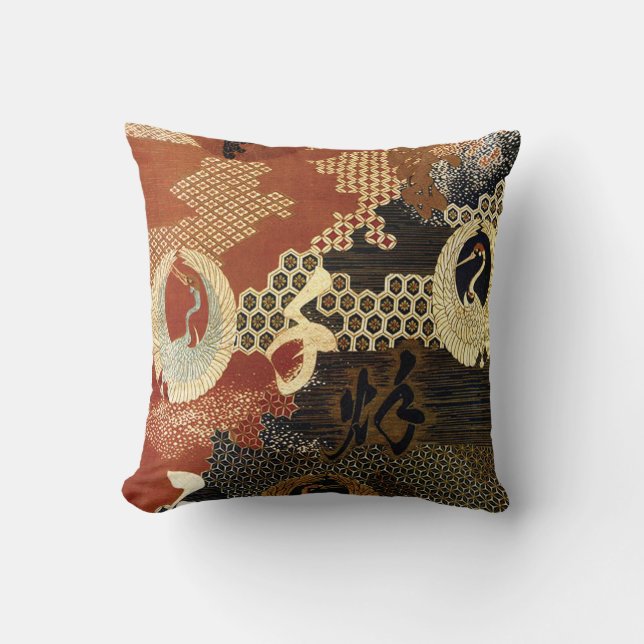 Dancing Oriental Cranes Throw Pillow (Front)
