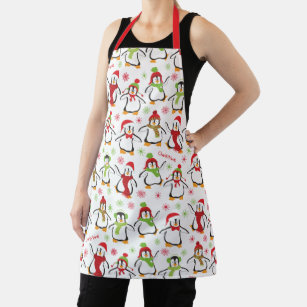Dancing Penguins Red and Green Pattern Christmas Apron