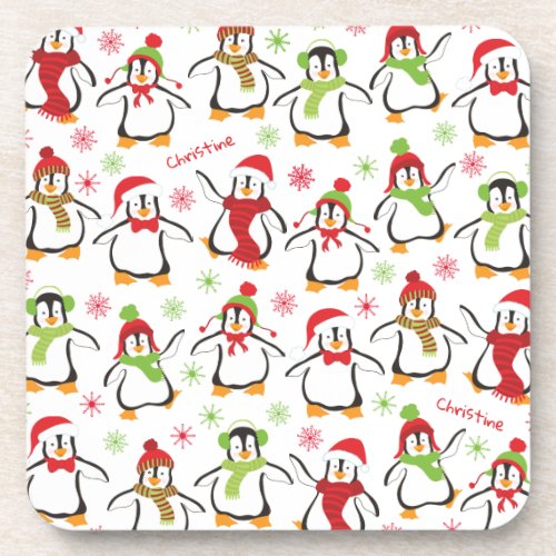 Dancing Penguins Red and Green Pattern Christmas Beverage Coaster