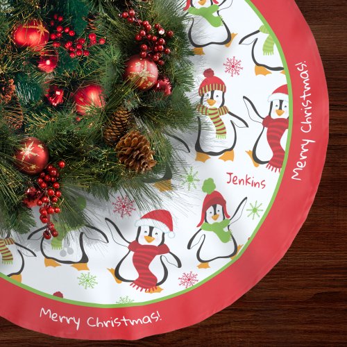 Dancing Penguins Red and Green Pattern Christmas Brushed Polyester Tree Skirt