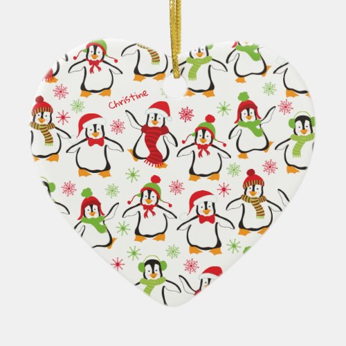 Dancing Penguins Red and Green Pattern Christmas Ceramic Ornament