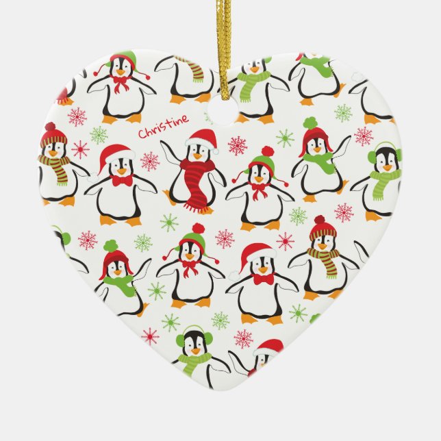Dancing Penguins Red and Green Pattern Christmas Ceramic Ornament (Front)