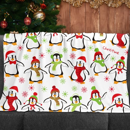 Dancing Penguins Red and Green Pattern Christmas Fleece Blanket