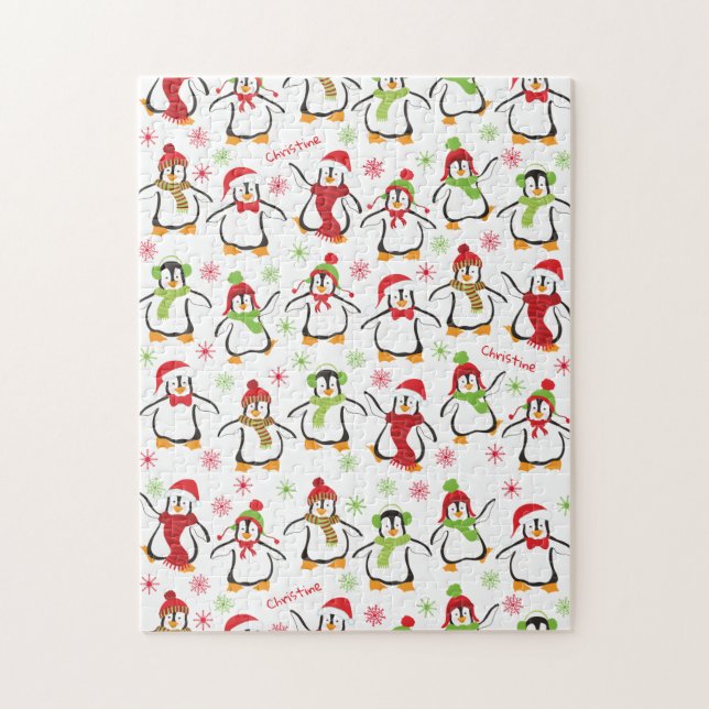Dancing Penguins Red and Green Pattern Christmas Jigsaw Puzzle (Vertical)