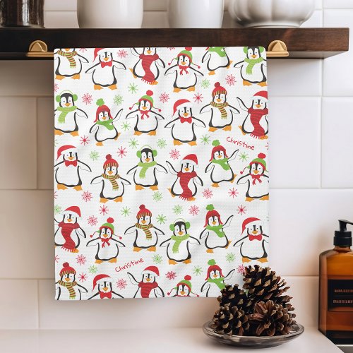 Dancing Penguins Red and Green Pattern Christmas Kitchen Towel