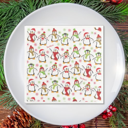 Dancing Penguins Red and Green Pattern Christmas Paper Dinner Napkins