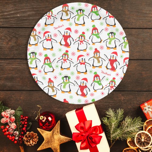 Dancing Penguins Red and Green Pattern Christmas Paper Plates