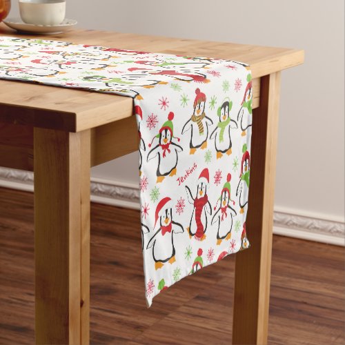 Dancing Penguins Red and Green Pattern Christmas Short Table Runner