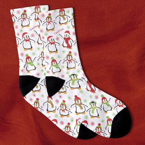 Dancing Penguins Red and Green Pattern Christmas Socks