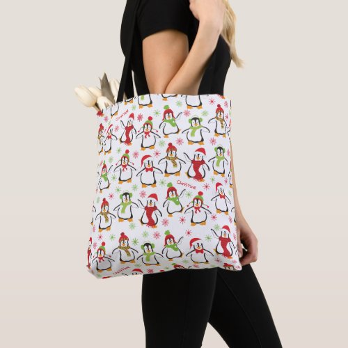 Dancing Penguins Red and Green Pattern Christmas Tote Bag