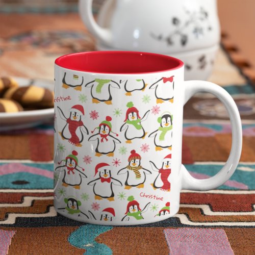 Dancing Penguins Red and Green Pattern Christmas Two_Tone Coffee Mug