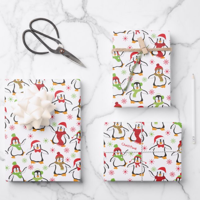Dancing Penguins Red and Green Pattern Christmas Wrapping Paper Sheets (Front)