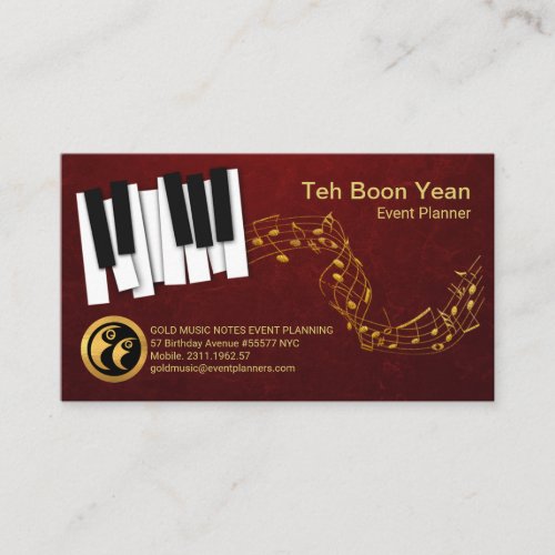 Dancing Piano Keys Gold Music Notes Event Planner Business Card