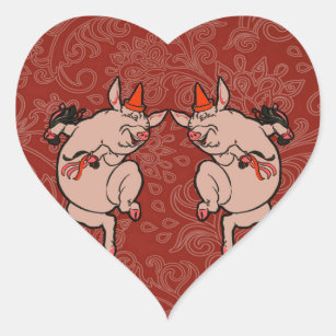 Dancing Pig Antique Cute Dancer Heart Sticker
