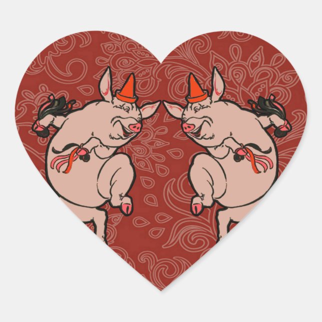 Dancing Pig Antique Cute Dancer Heart Sticker (Front)
