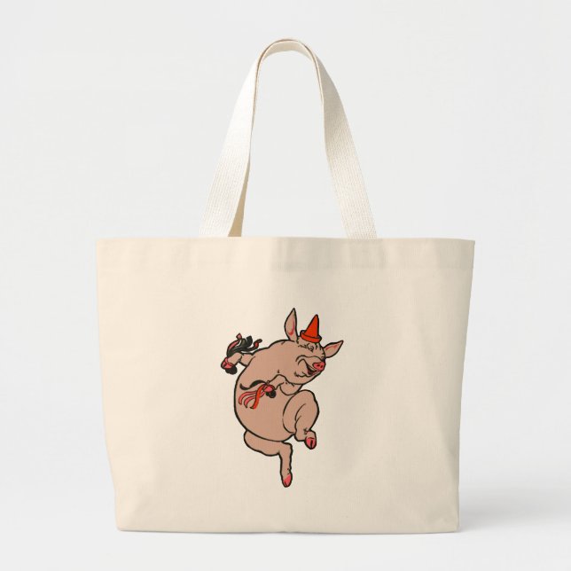 Dancing Pig Antique Cute Dancer Large Tote Bag (Front)