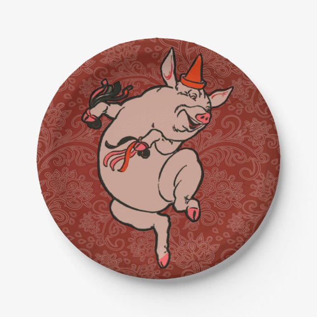 Dancing Pig Antique Cute Dancer Paper Plates (Front)