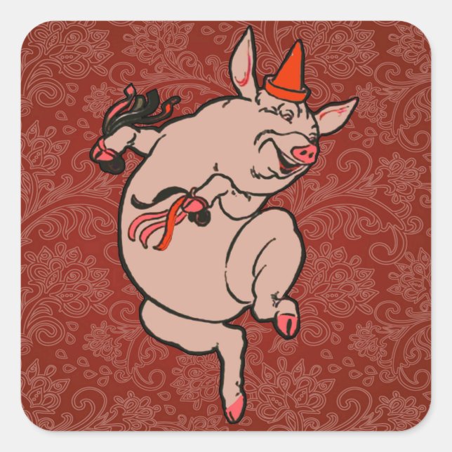 Dancing Pig Antique Cute Dancer Square Sticker (Front)