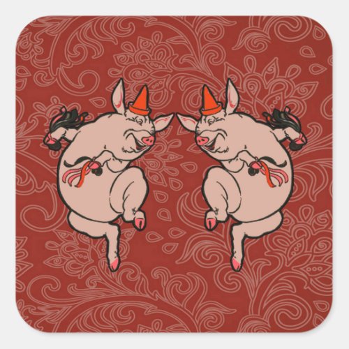 Dancing Pig Antique Cute Dancer Square Sticker