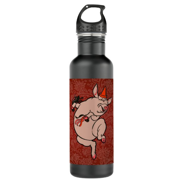 Dancing Pig Antique Cute Dancer Stainless Steel Water Bottle (Front)