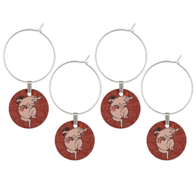 Dancing Pig Antique Cute Dancer Wine Glass Charm (Staggered)