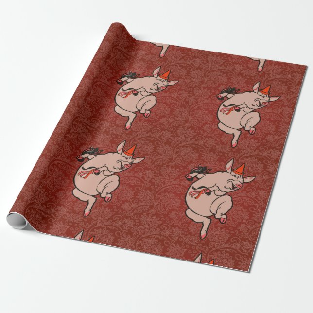 Dancing Pig Antique Cute Dancer Wrapping Paper (Unrolled)