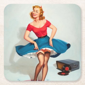 Dancing Pin-up Girl ; Vintage Pinup Art Square Paper Coaster by PinUpGallery at Zazzle