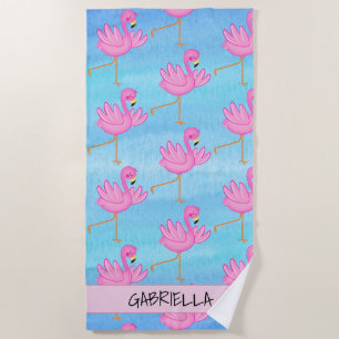 Dancing Pink Flamingo Personalized Beach Towel
