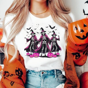 Dancing Pink Skeleton Halloween Witch T-Shirt